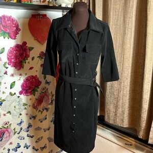 Vintage 1990’s Kathy Ireland, solid black velvet 3/4 sleeve shirt dress. Size 6.